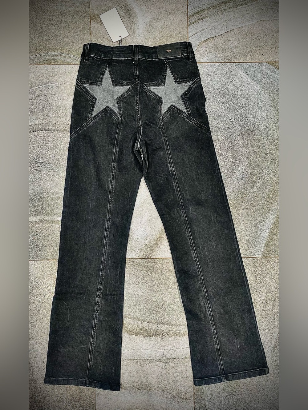 Vintage Y2K inspired Zara Black Denim Flared Leg Star Patch Jeans Size 27